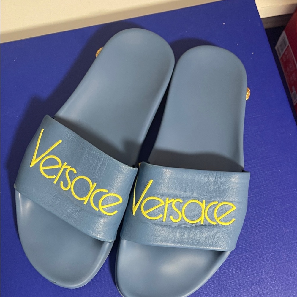 Versace Blue Slides with Vibrant Yellow Accents